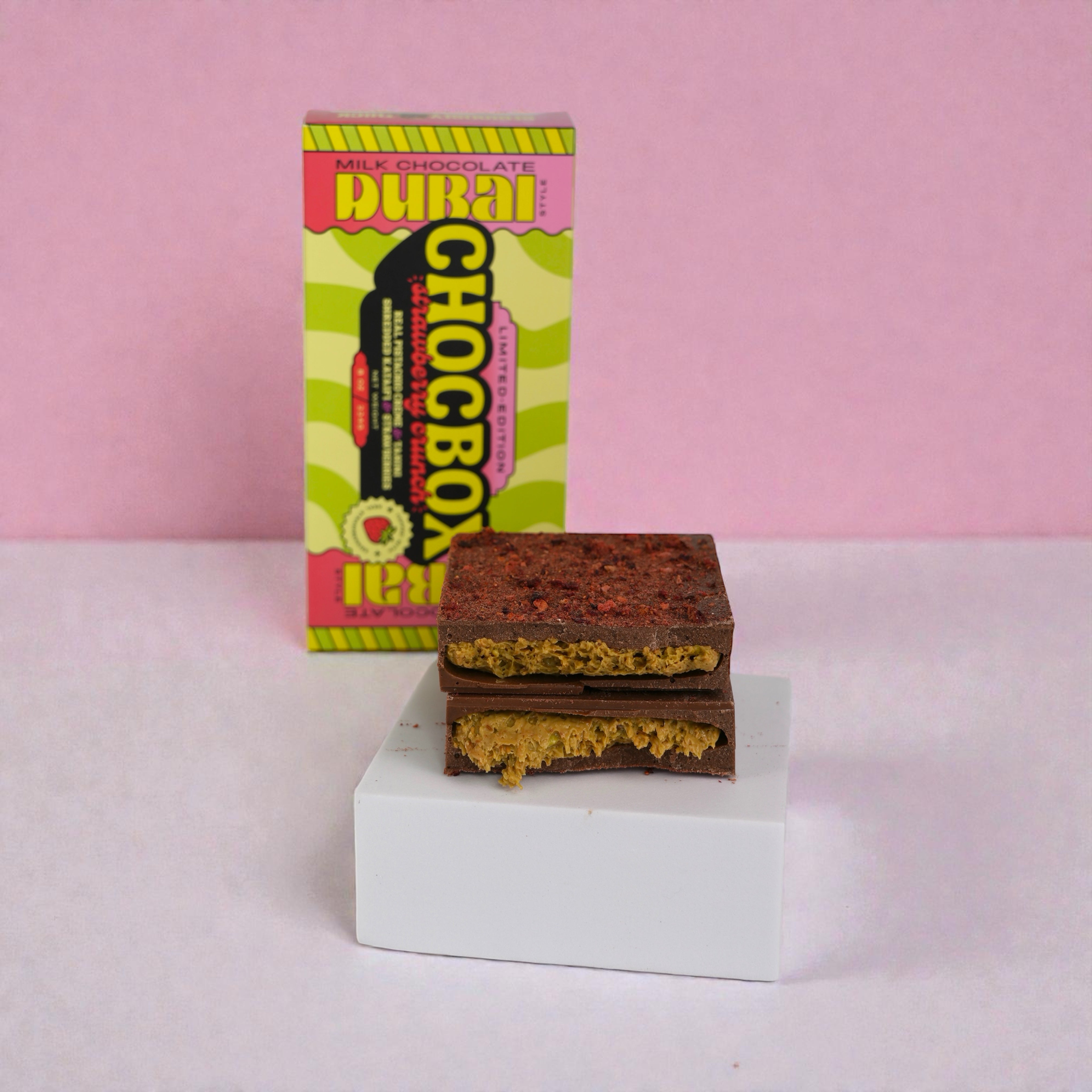 Chocbox Dubai milk chocolate bar and Strawberry Crunch bar, view 3